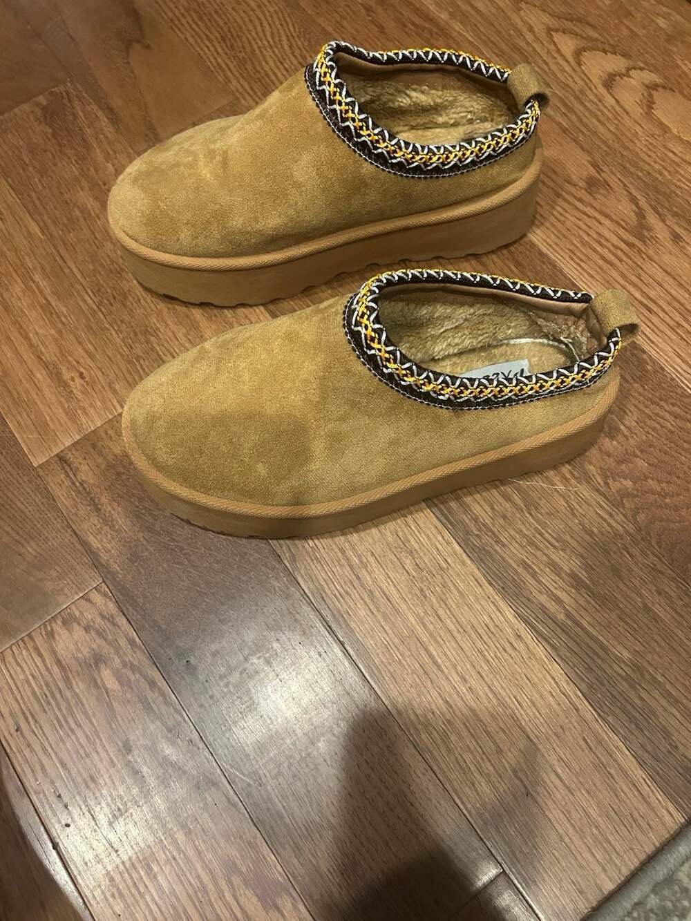 Pazzle Moon Camel Faux Suede Platform Slip-On Slippers with Aztec Stitching